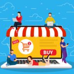 E-commerce cart concept. people using mobile gadgets such as tablet and smartphone for online purchasing and ordering goods. illustration in flat style raster version