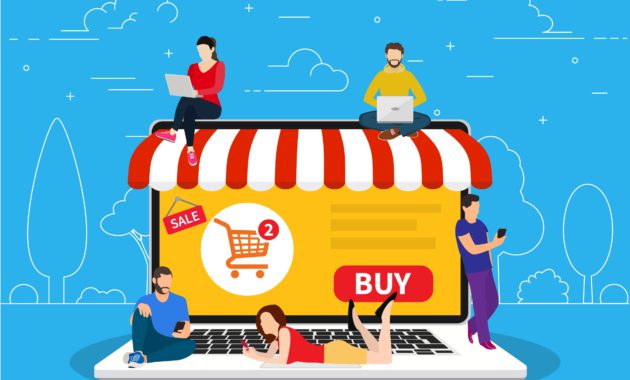 E-commerce cart concept. people using mobile gadgets such as tablet and smartphone for online purchasing and ordering goods. illustration in flat style raster version