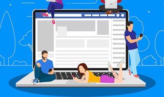 Social network web site surfing concept. people using mobile gadgets such as smartphone, tablet pc and laptop part of online community. Vector illustration in flat style