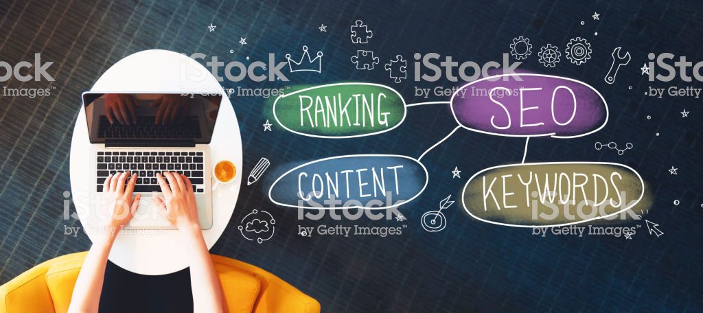 SEO concept with person using a laptop on a white table