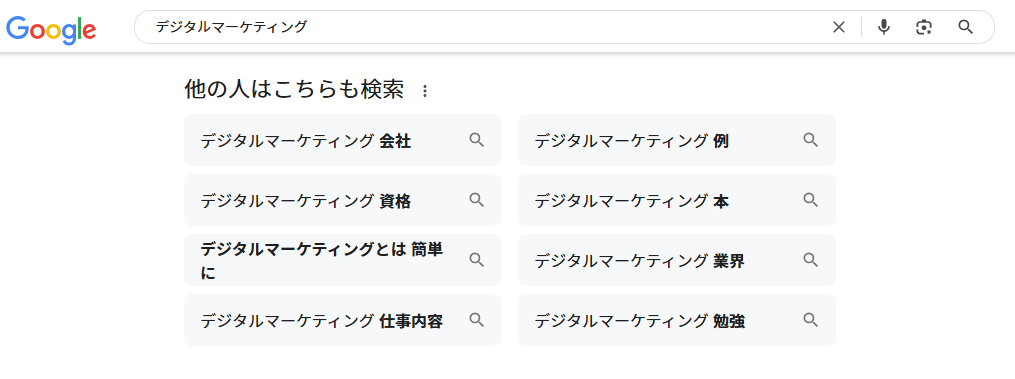 「デジタルマーケティング」の検索結果に表示される関連キーワード