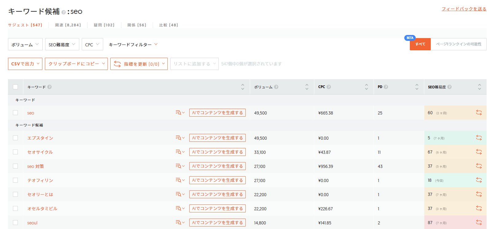 Uber Suggestのキーワード候補画面